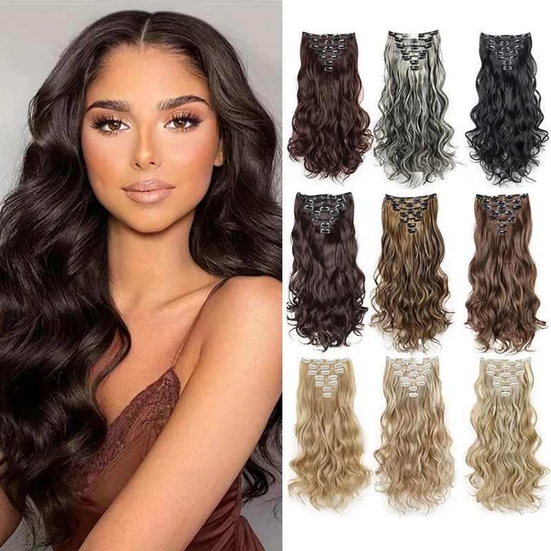 Clip In Hair Extensions 7 PCS Full Head 18Inch Long Curly Wavy Synthetic Hair Pieces Natural Wavy For Women GirlsHair cosplaywig