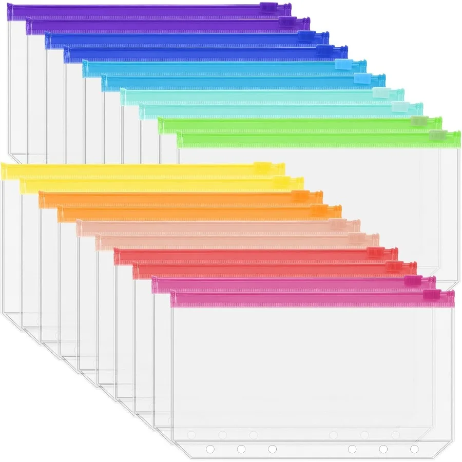 

20PCS A6 Binder Pockets 6Hole Budget Binder Inserts 10 Assorted Color Zipper Pouch Folde Cash Stuffing Envelopes for Budgeting