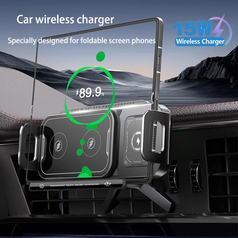 Universal 90 Rotation 15W Wireless Car Phone Charger Stand for Samsung Galaxy Fold 6 5 4 3 Z Flip S25 S24 iPhone 16 15