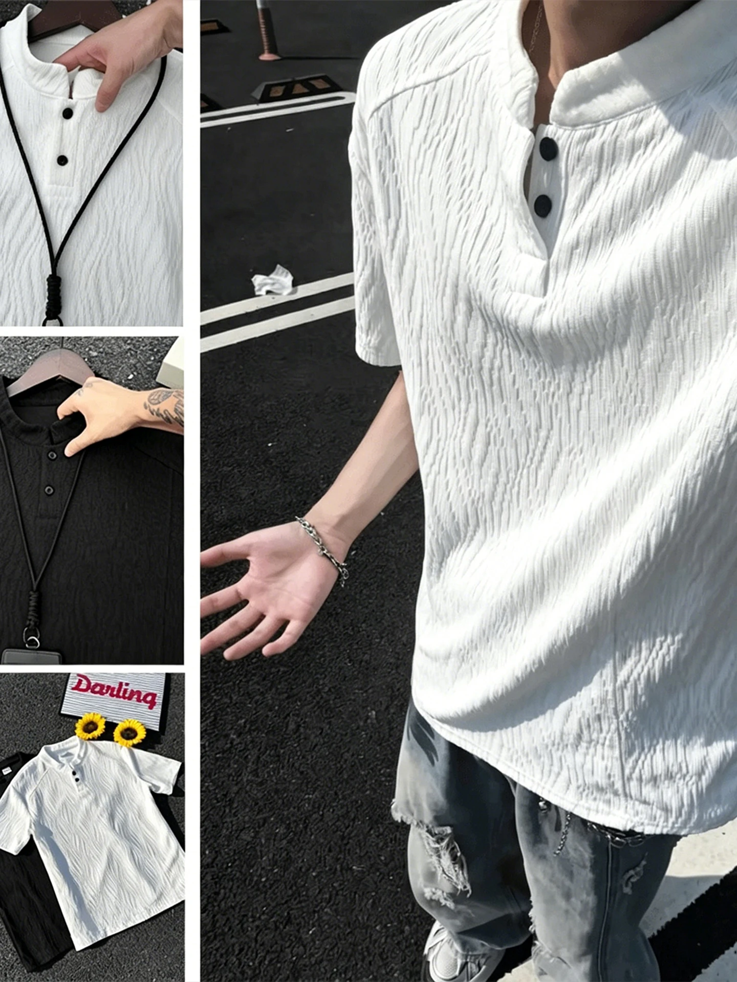 Summer Thin Boxy Splice T-Shirt Men's Short Sleeve  Shirt Henry Collar American Style Half Sleeve Breathable Youth Fashion