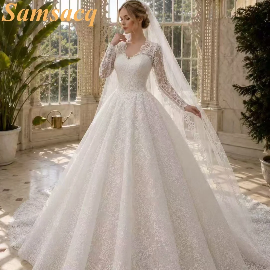 Custom Wedding Dress, Elegant V-Neck Long Sleeve Lace Bridal Gown, Princess Ball Gown with Veil, Customizable Wedding Dr