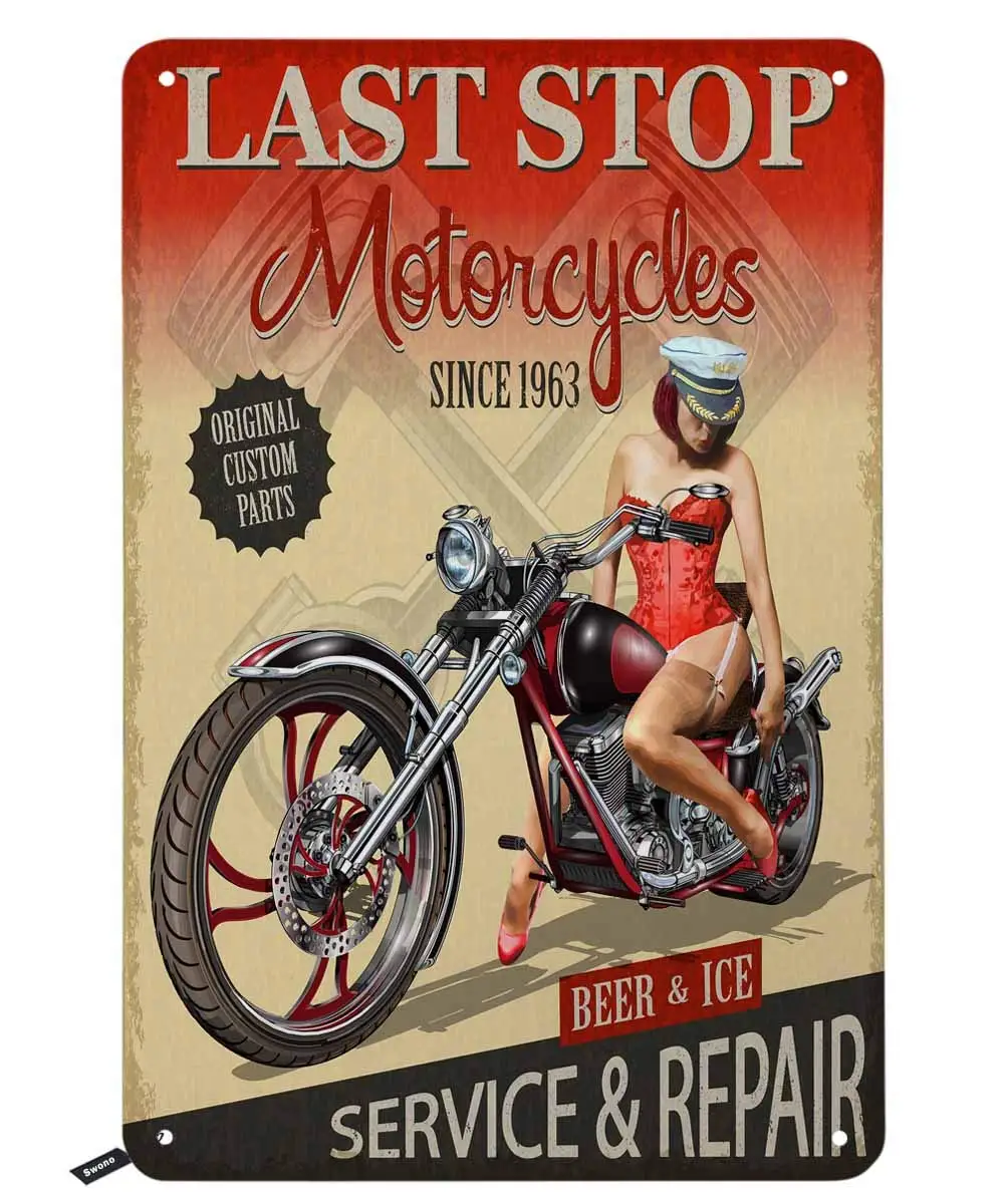 Swono Motorcycle Tin Signs,Last Stop Girl Sit on The Motor Vintage Metal Tin Sign for Men Women,Wall Decor for Bars,Restaurants,