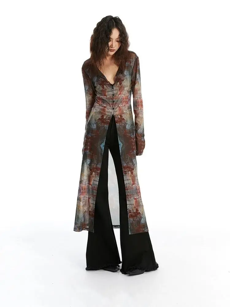 Summer New Vintage Oil Painting Print Tulle Long-Sleeve Sun-Protective Cardigan Slim Women Trench Coat Long Sleeves Streetwear