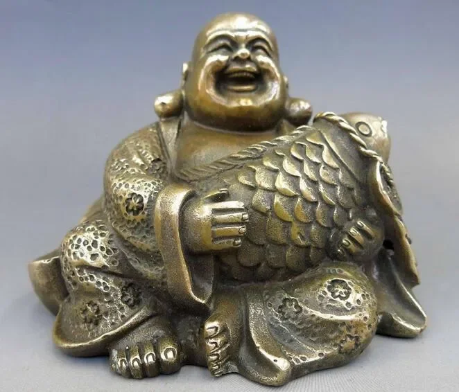 Chinese Brass Copper Buddhism Fengshui Fish Money Wealth Maitreya Buddha Statue