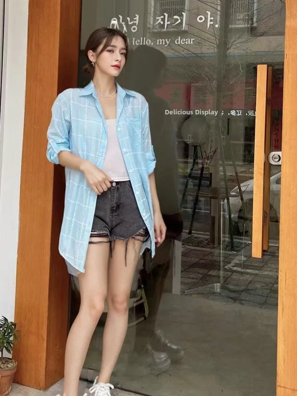 Femmes Plaid Long Sve irt vêtements d'extérieur ample imprimé mi-long Protection UV col Polyester printemps Faion dames