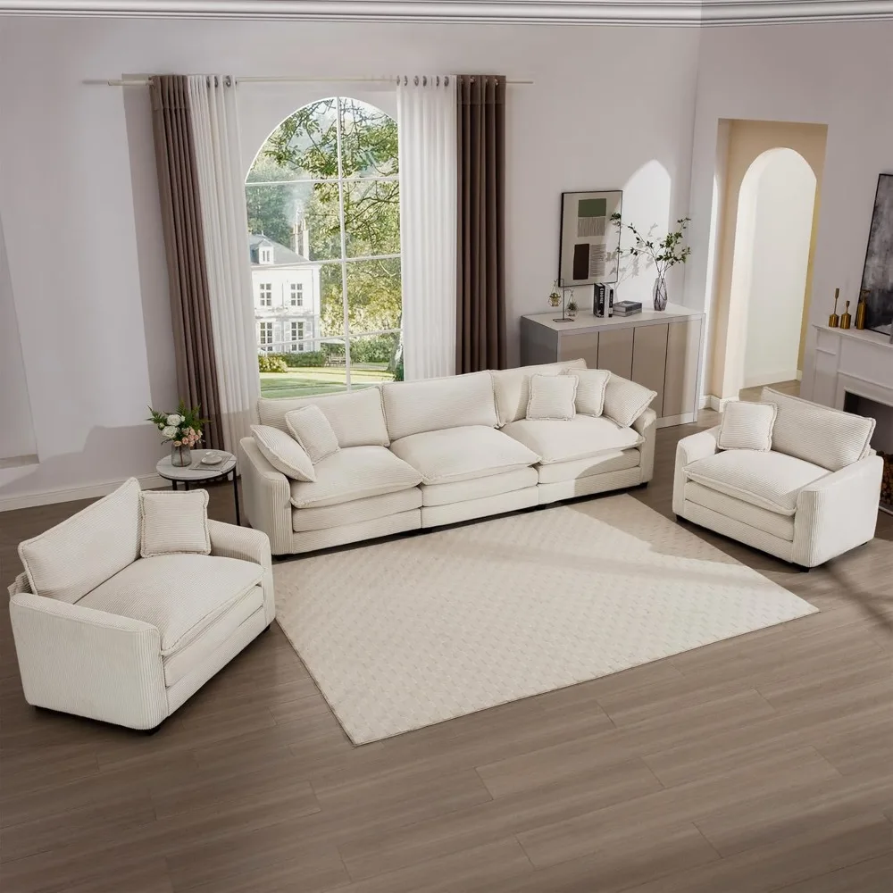 3-piece sofa set, 3-seater, 2-seater, modular sectional deep corduroy cloud sofa, 2 armrest pillows, 5 throwing pillows