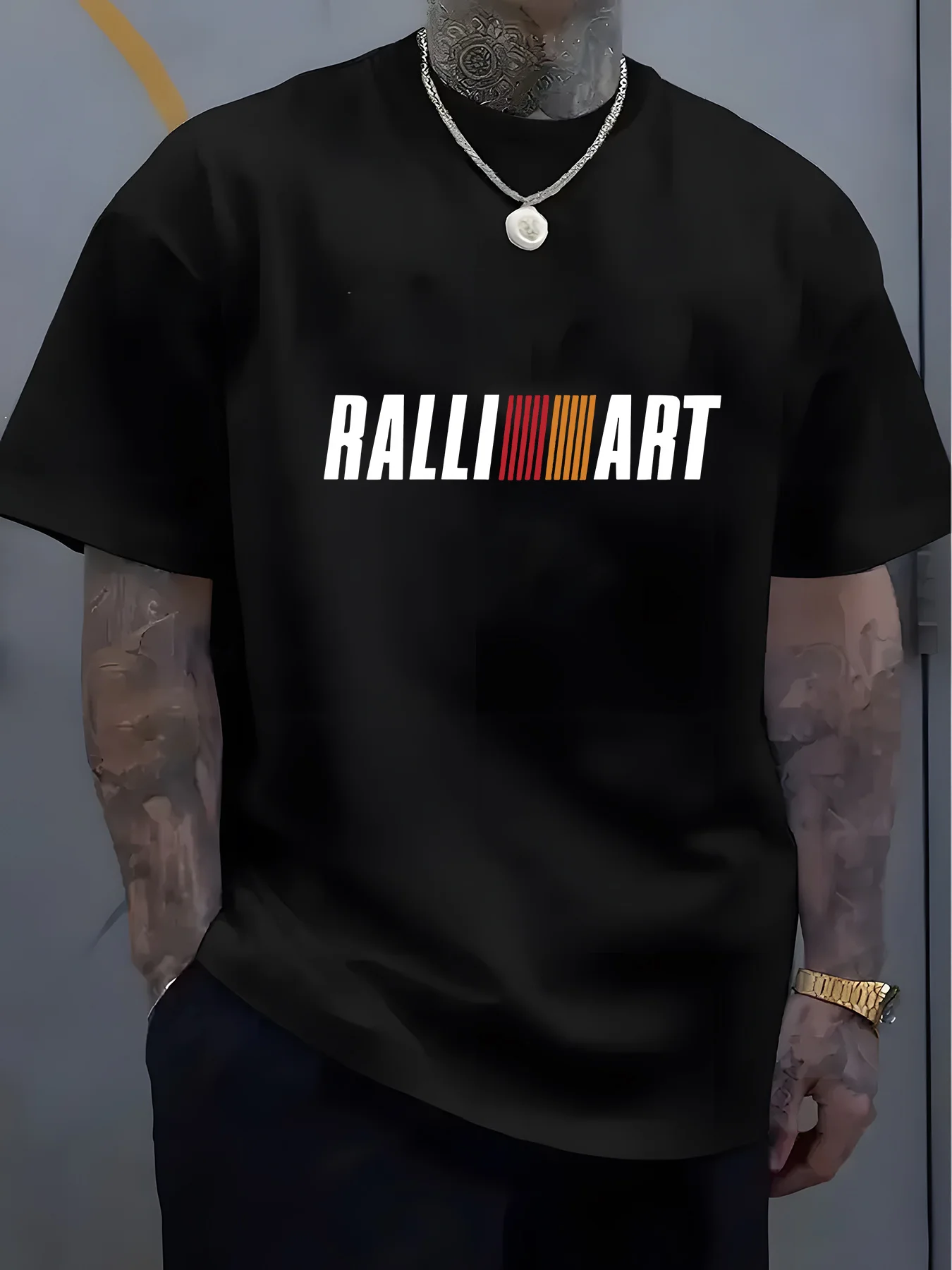 

1pc Men S Casual Crew Neck T-Shirt with RalliART Alphabet Pattern 100 Polyester Knit Fabric Slight Stretch