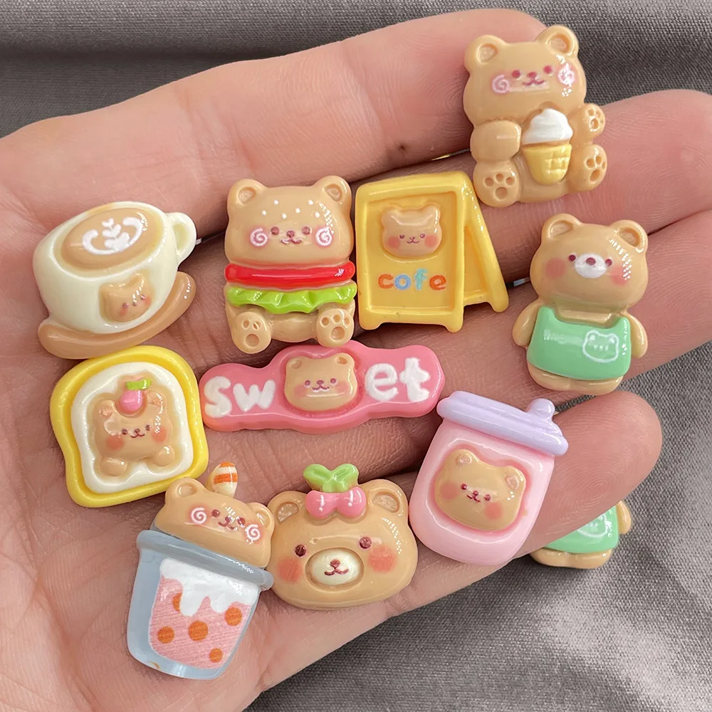 10pcs Kawaii Cartoon Milk Tea Coffee Cake Bear Flatbacks Hair Embellishments for Bows Diy Wedding Hairpin Accessories Craft