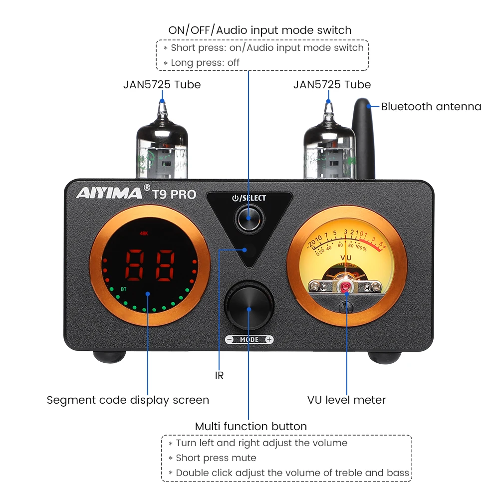 AIYIMA-Amplificador de tubo T9 PRO HiFi con Bluetooth, medidor VU, Amplificador DE POTENCIA ESTÉREO, USB, DAC, coaxial, OPT, Audio para el hogar, 100Wx2