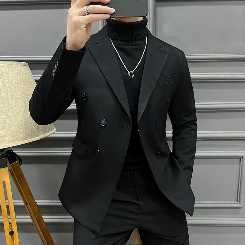 Men Double-breasted Slim Fit Blazer Jackets Solid Color Long Sleeve Lapel Business Suit Coat Outwear Brand Mens Casual Tuxedo