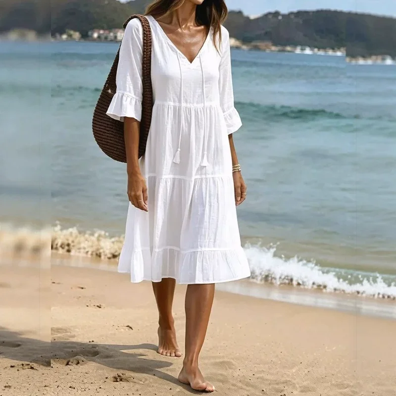 Women V Neck Tassel Drawstring Tiered Midi Dress 3/4 Flare Sleeve Loose Casual Beach Vacation Dress For Summer