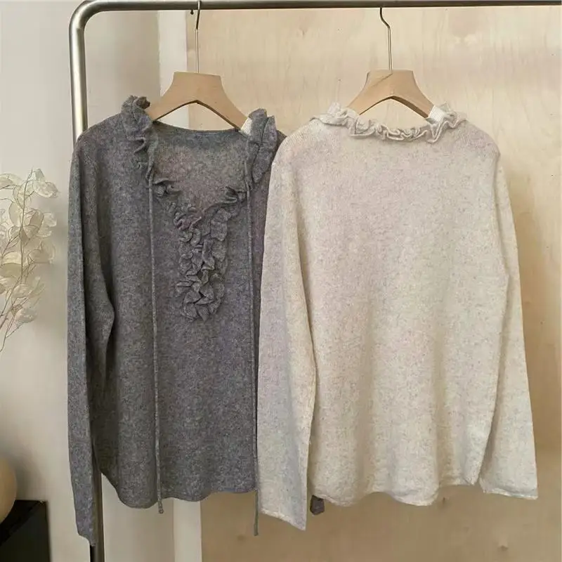 

Красивый свободный корейский женский свитер, однотонный дизайн с кружевной отделкой, осень-зима, модный универсальный цветной трикотаж...