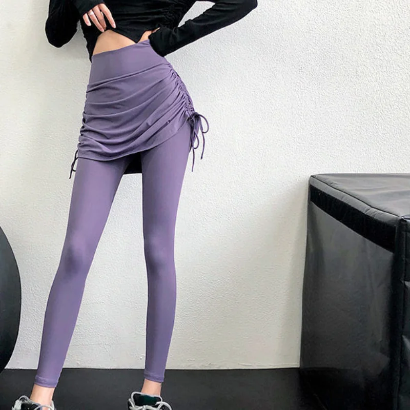 

Women Sports Yoga Pants High Waist Fitness Workout Leggings Drawstring Strap Half Length Skirt Fake Two Piece Elasticity Tights