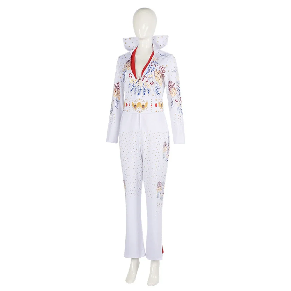 Film Rocker Elvis Cosplay Kostuum Volwassen Mannen Vrouwen Jumpsuit Halloween Witte Bodysuit Outfit Uniform Party