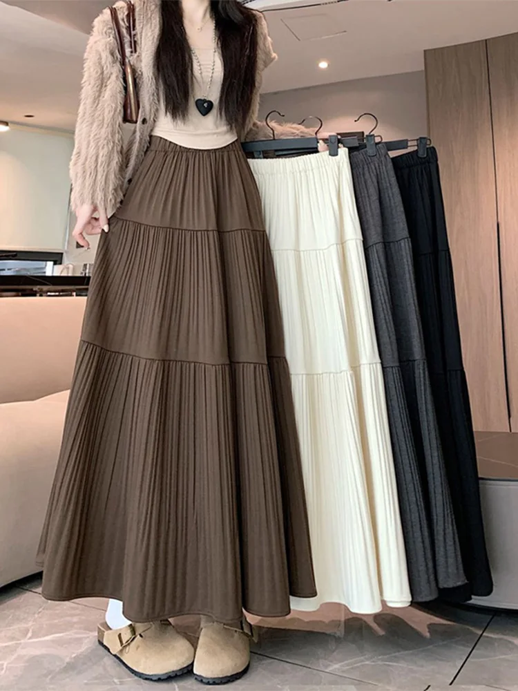 

Retro Coffee Cake f Skirt Women's High Waist Pleated A-Line Long Skirt Cover Hip Large Swing Umbrella Skirt Autumn New Sle