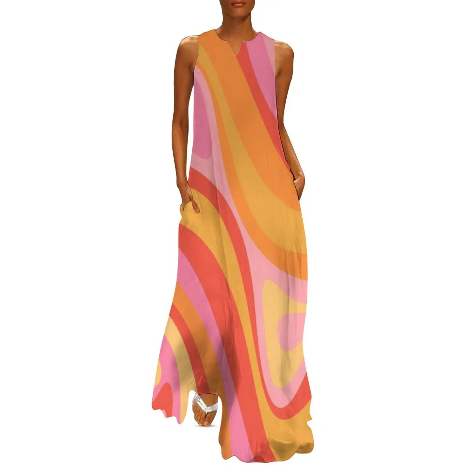 

New Groove Retro Swirl Abstract Pattern Pink Orange Yellow Long Dress Dresses summer dress woman 2025 trendy Dress