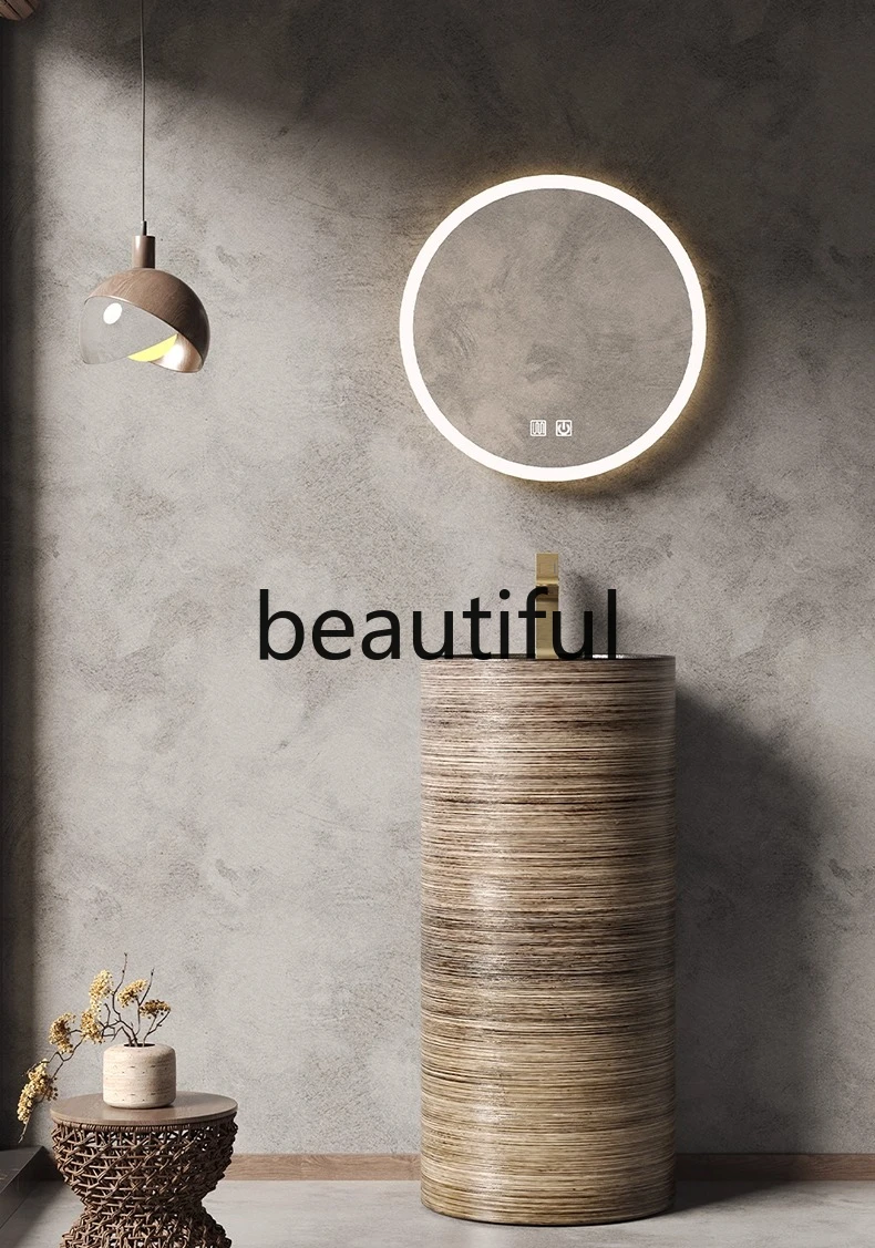 

Retro bathroom column basin, column type villa wood grain wash basin floor type