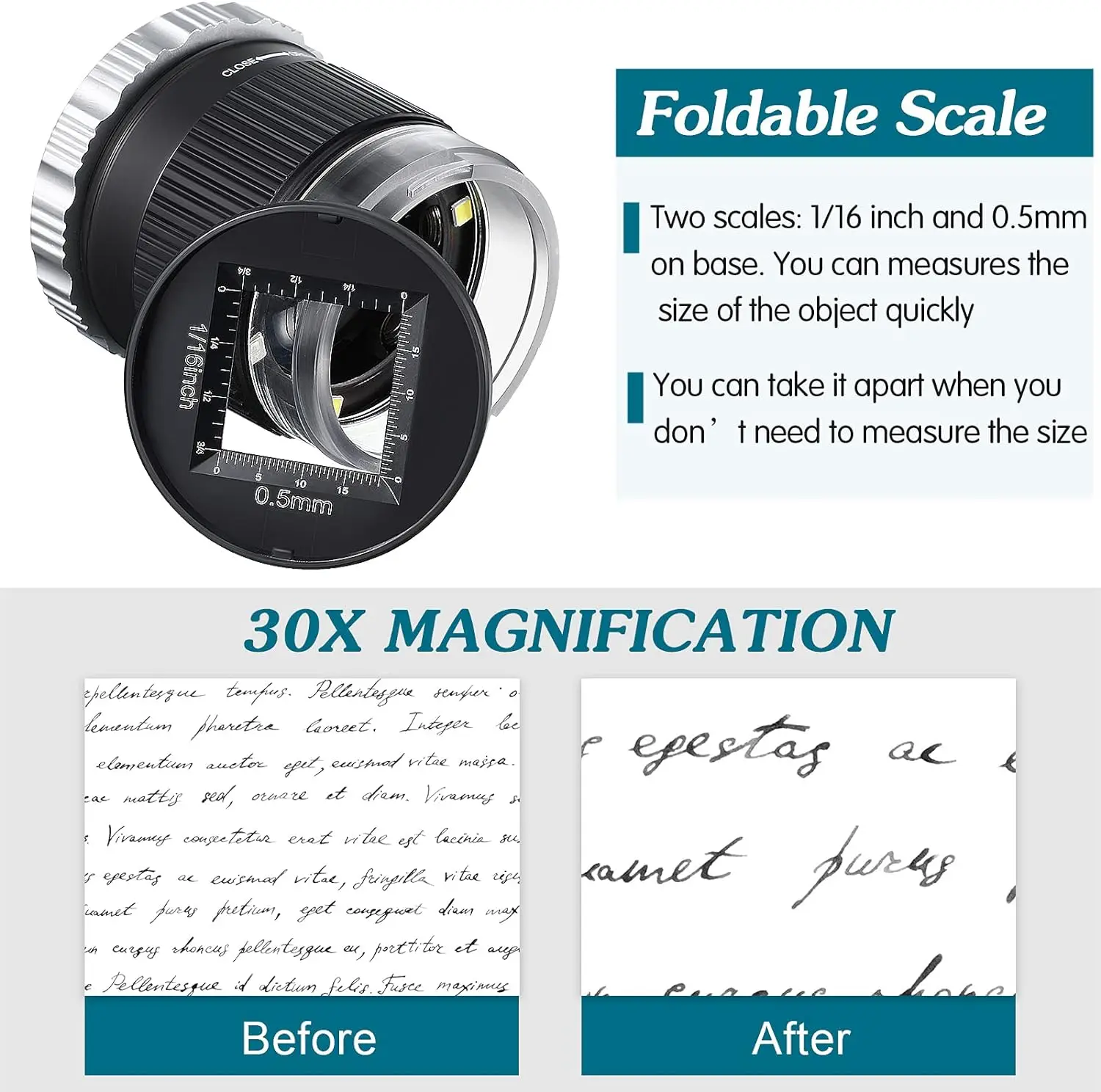 LED Scale Loupe 30X Adjustable Magnification Magnifier Metal Cylinder Mirror with Scale Small Reading Mirror Jewelry Magnifier