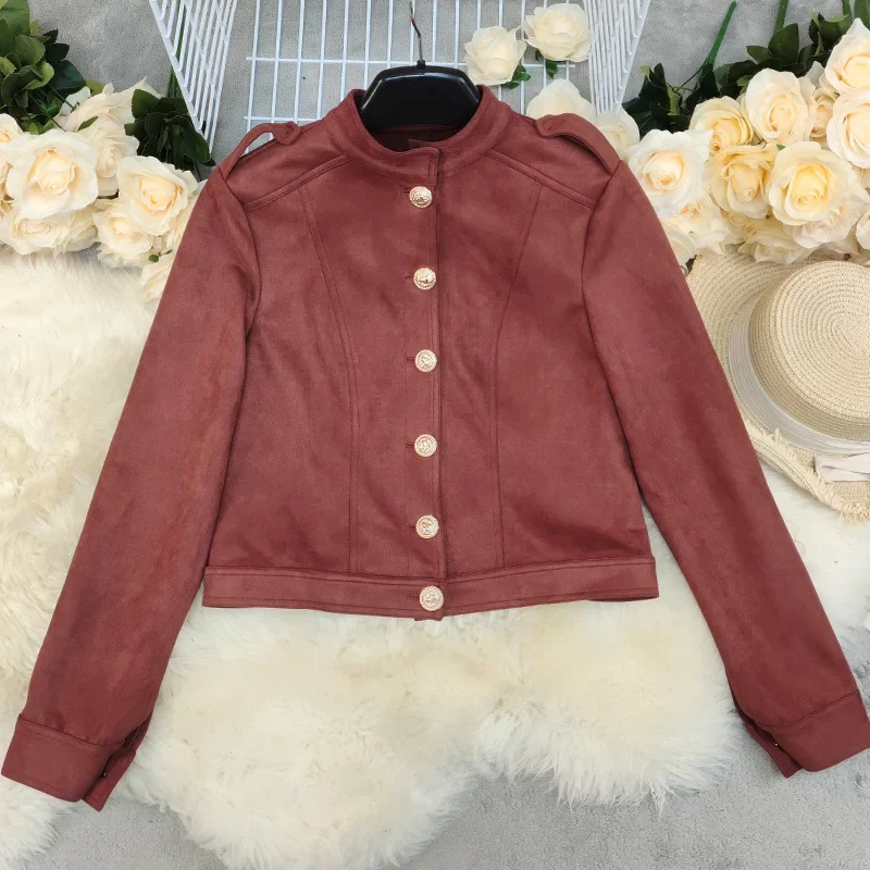 Women Suede Jacket Autumn Solid Casual Bomber Coat Long Sleeve Classic Button Jackets Vintage Lady Short Motorcycle Outwears