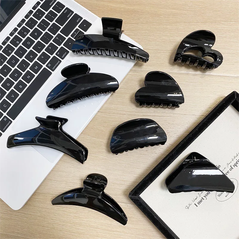 16pcs/lot Basic All-In-One Black Shark Claw Clip Made of PC Material Simple Classic Style Suitable Ponytail Holder Claw Clip