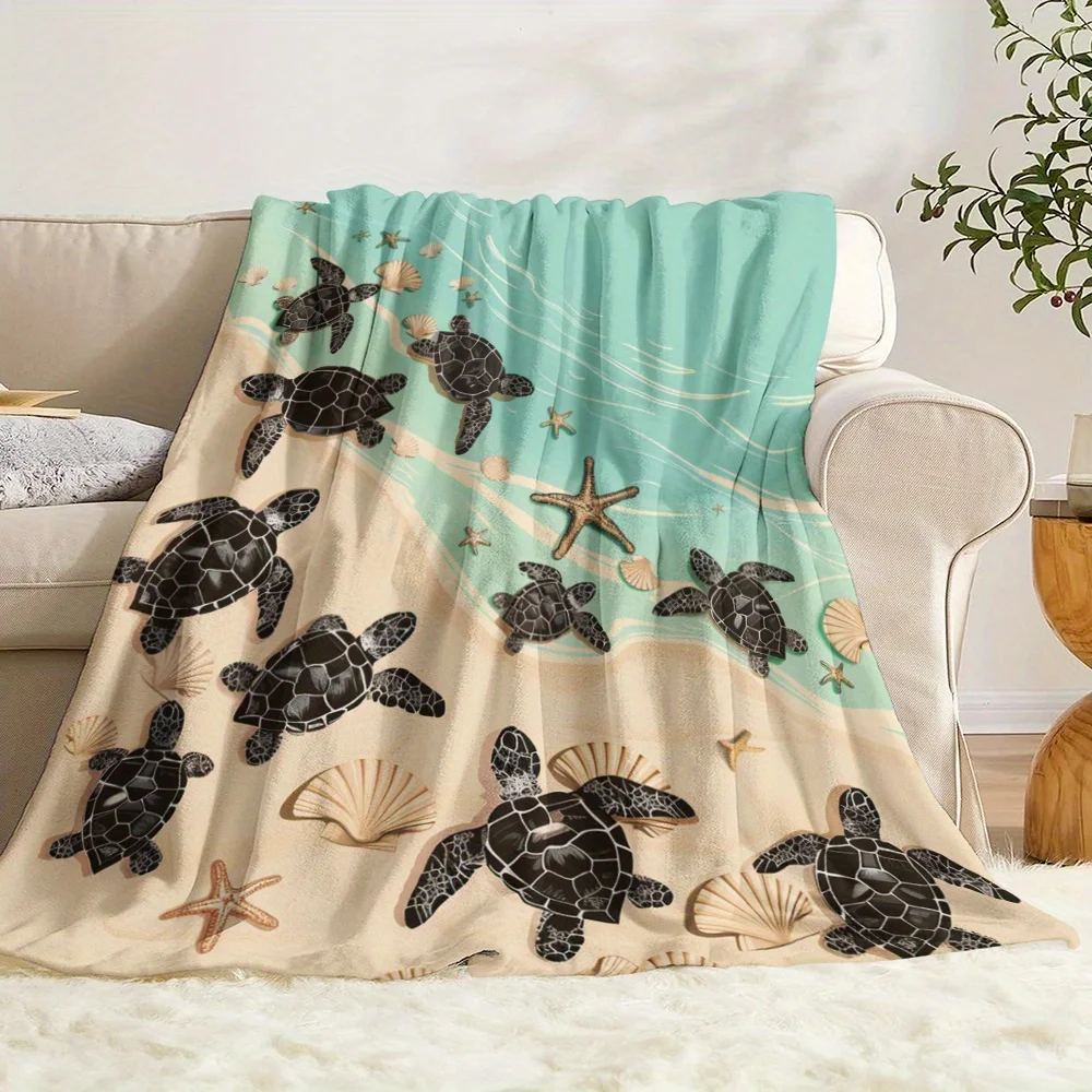 Vintage Turtle Beach Print Blanket: Soft and Warm, Perfect for Naps, Camping, Travel, Cars, Office Home Decor - All Seasons