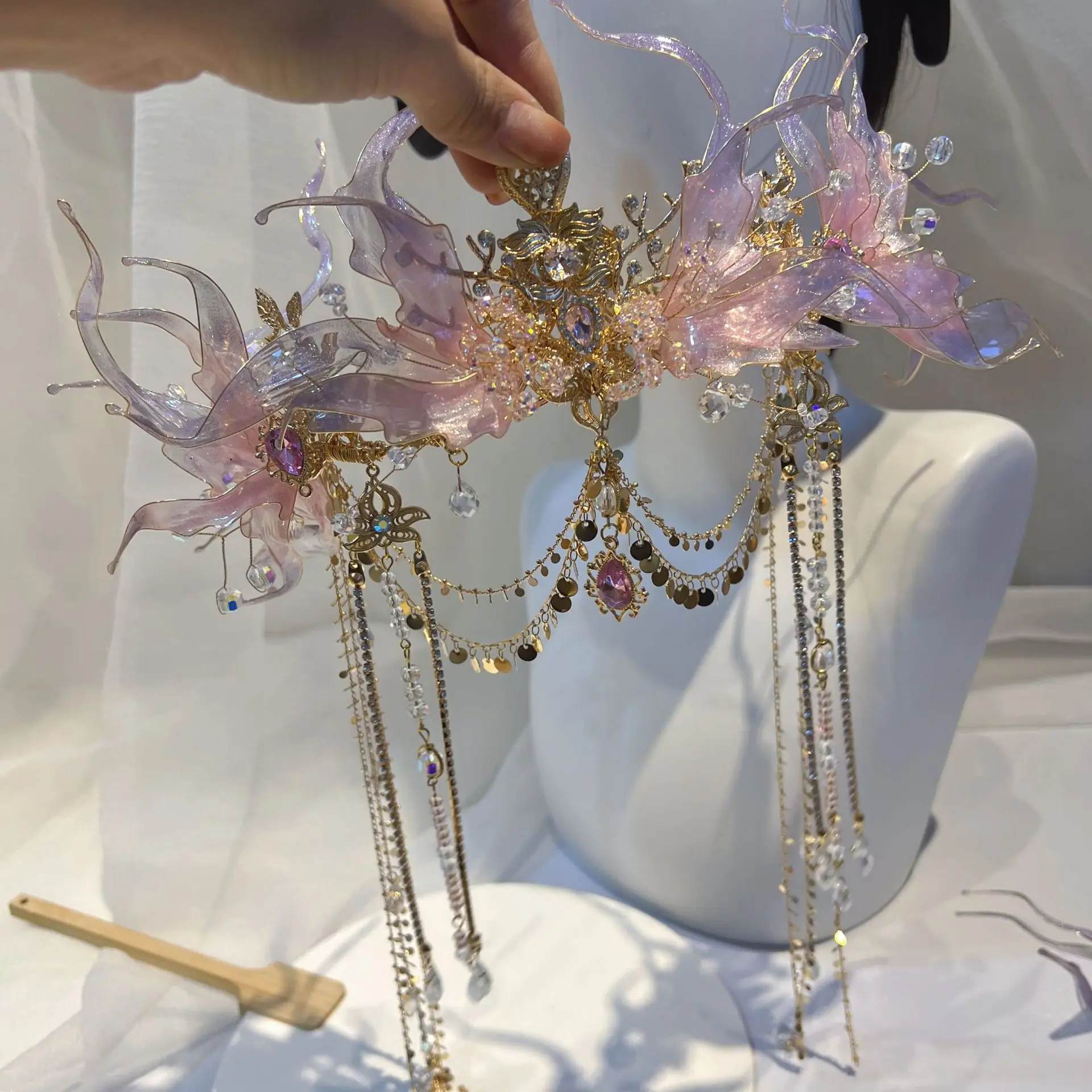 Ancient Style Super Gradient Pink Flower Tuinga Ear Hanging Set Headdress