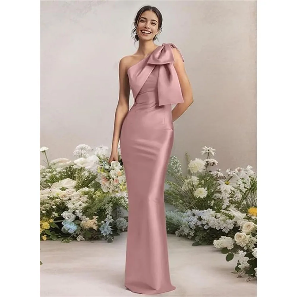 Classy Pink Women Bridesmaid Dresses Floor Length Slim Fit One Shoulder Bow Sleeveless Simple Female Banquet Prom Party Gowns