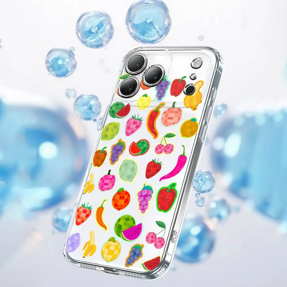 Etui na telefon iPhone 17, 16, 15, 14, 13, 12, 11 Plus, Pro, Max, Plus, E, SE4, Air, Mini, przezroczyste, letni wzór owocowy, kolaż.