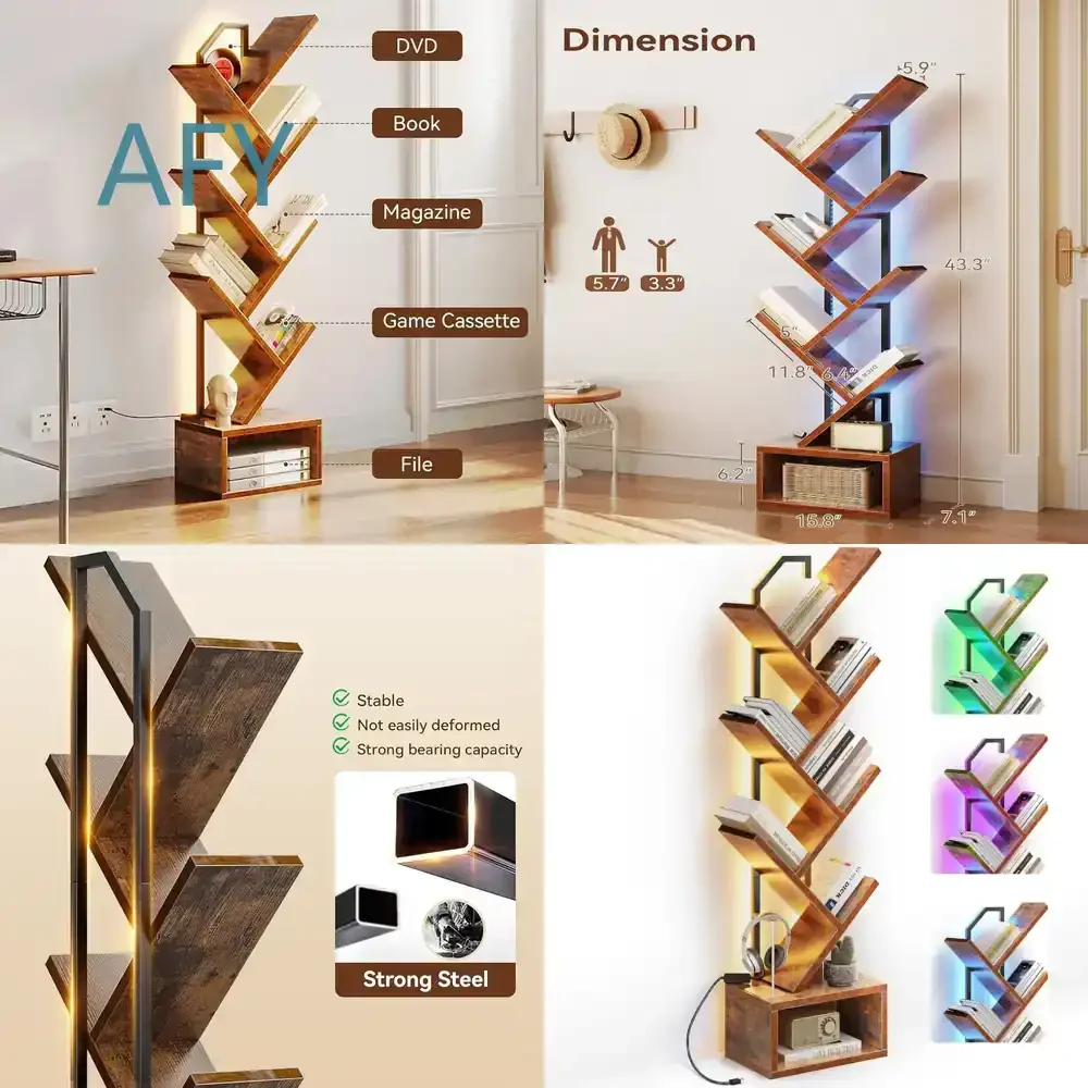 Wall Corner Shelf with Color Changing LED Strip for Home Multi Tier Creative Bookshelf Floor Standing Tree Shaped Storage
