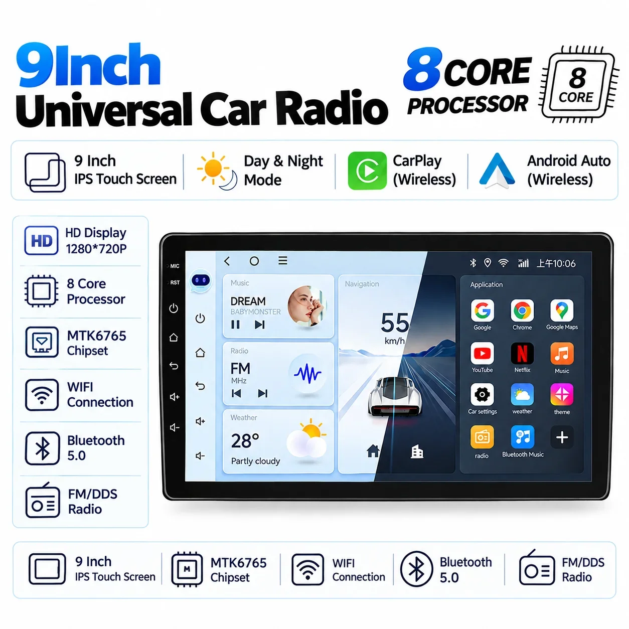 9 inch Universal Android 13 Car Radio  Autoradio android 2 Din car radio GPS BT Central Multimedia Smart car systems