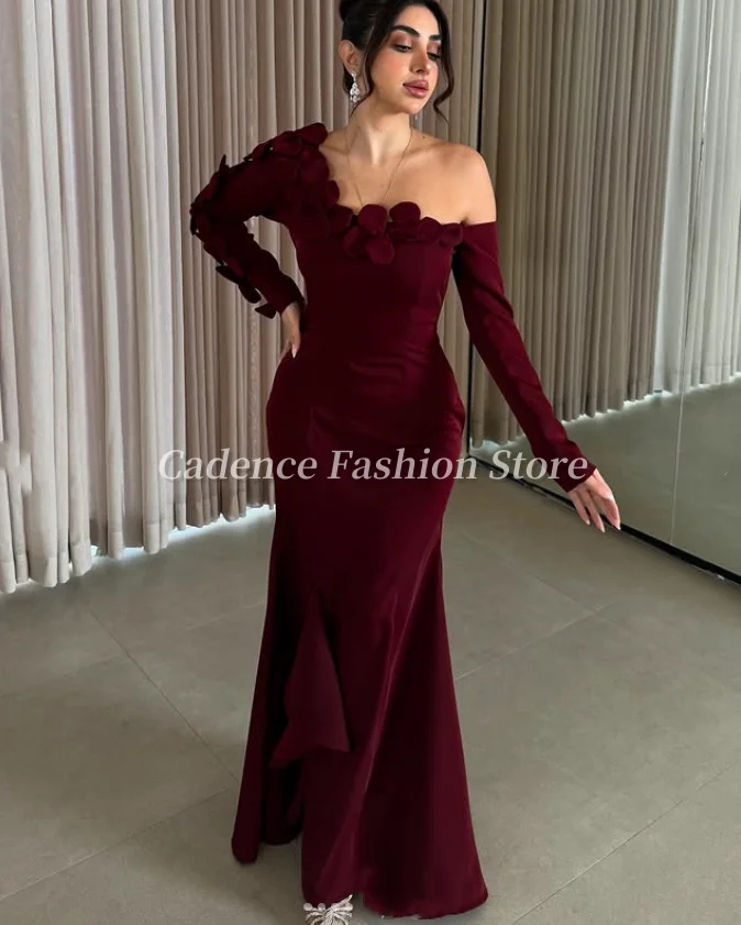 Abiti da ballo Dubai eleganti personalizzati con sirena bordeaux Fiori cubici Abiti da sera arabi Abiti da banchetto formali