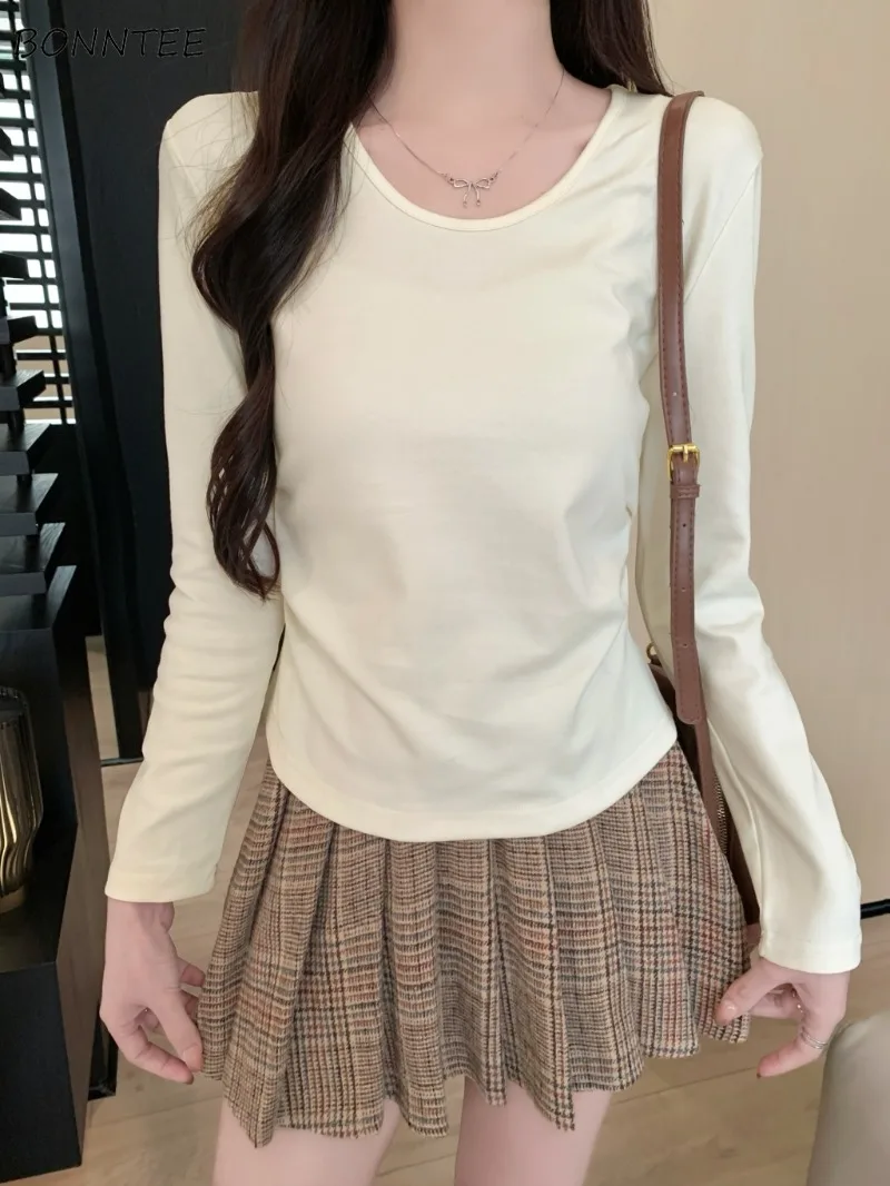 

T-Shirts Women Chic Solid All-match Basic Prevalent Autumn Long Sleeve Daily Classic Simple Inner Tops O-neck Clothing Ins Young