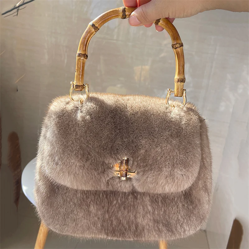 Premium Quality Natural Mink Women\'s Handbag New Style Trendy Fur Bag Fashionable Simple Versatile Knit Cell Phone Shoulder Bag