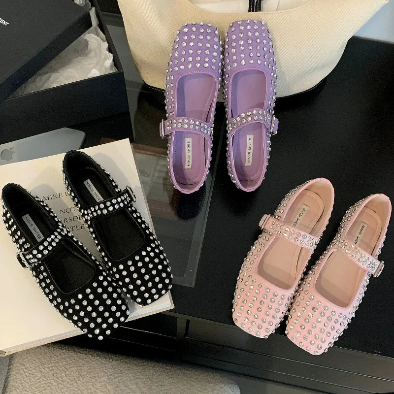 Luxury Rhinestone Flat Mary Jane Shoes Women Blink Jewel Designer Mules Shoes Women Pumps Fashion Casual Square Toe Ballet Shoes