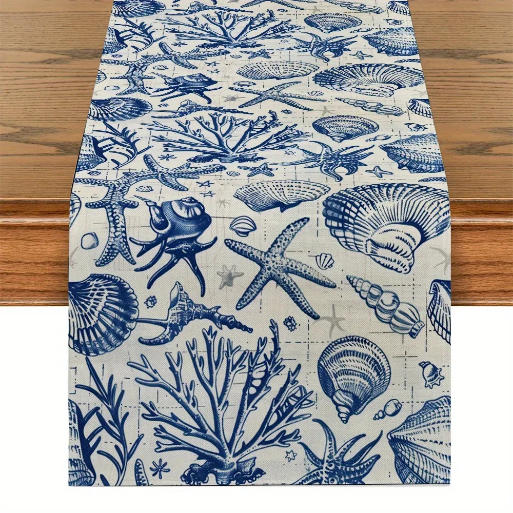 

Coastal Nautical Seashell Coral Linen Table Runner Holiday Party Decor Summer Ocean-Themed Table Runners for Kitchen Table Decor