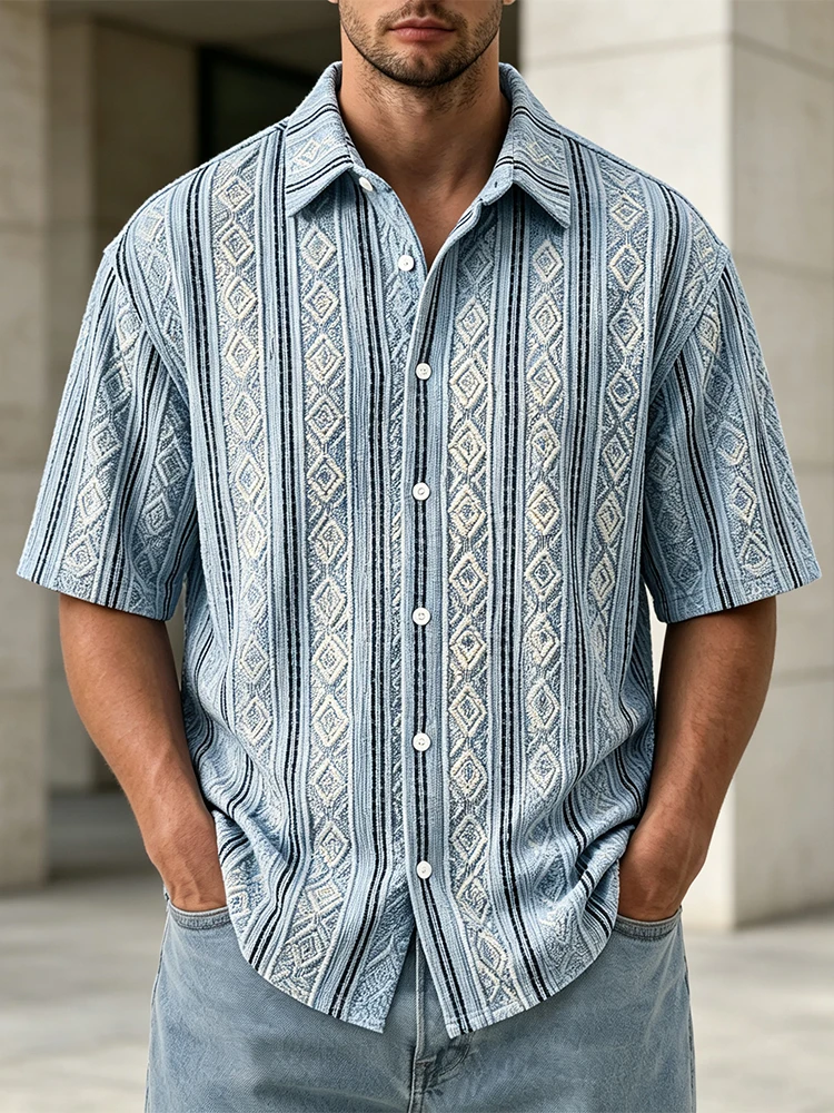 Trendy Men Knit Short Sleeve Shirt Autumn Striped Pattern Lapel Single Breasted Daily Outdoor Mens Vintage Knitted Tops For Men