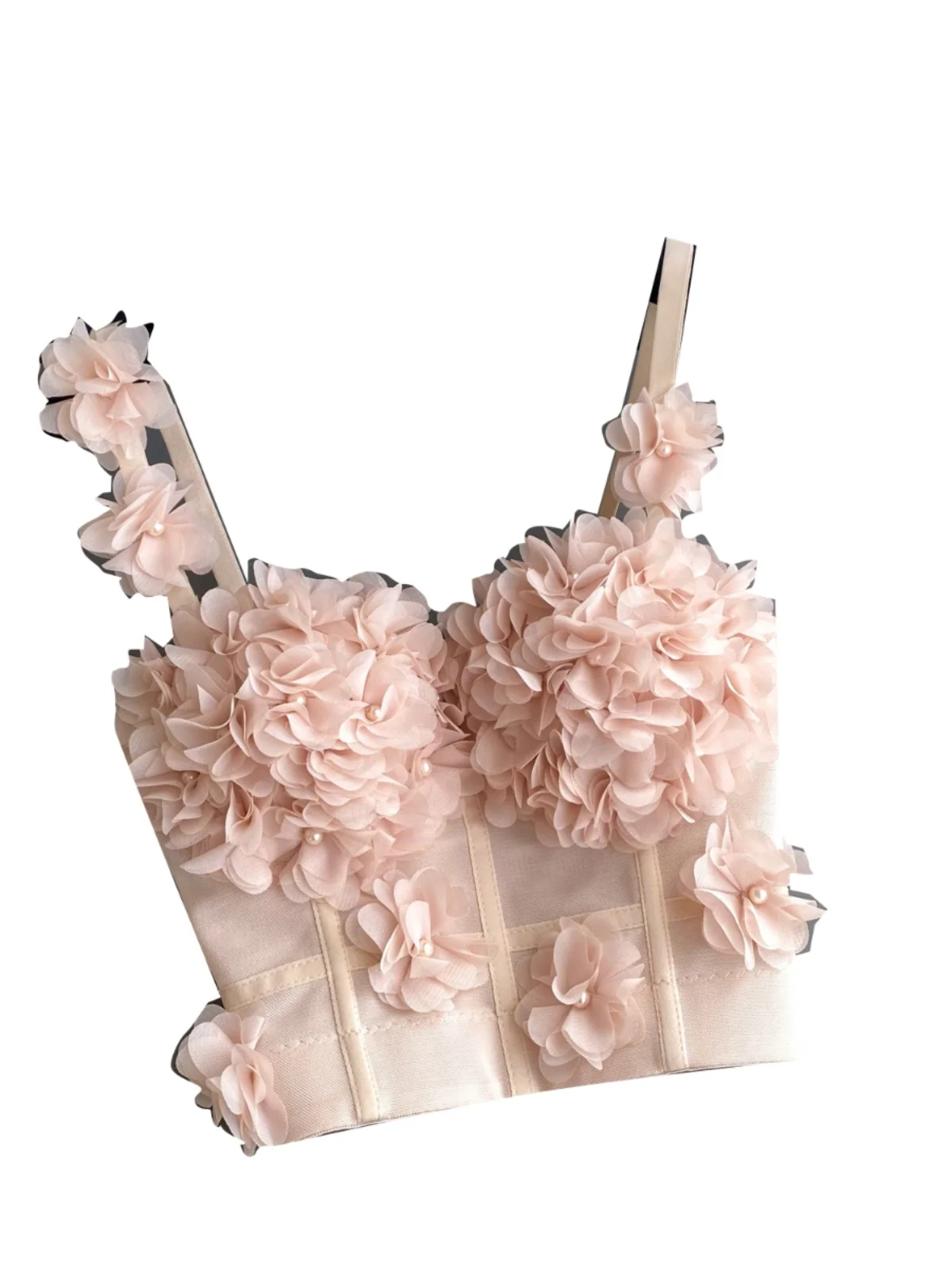 Top Curto F Estilo Tubo com Alça Floral 3D, Sensação de Luxo e Elegância, Ajuste Slim, Crimento Regular, Estilo Cas...