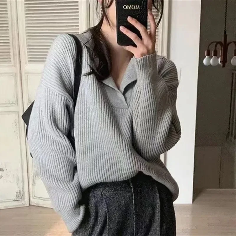 

2026 Women Pullovers Sweaters Knitted Solid Jumpers Turn Down V Collar Long Sleeves Loose Fit Casual Office Lady Autumn Winter