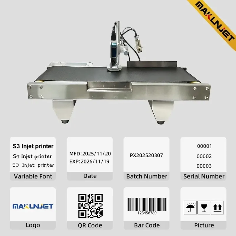 MAKUNJET S3 Automatic Continuous Coding Machine with Conveyor Belt Online Thermal Inkjet Printer for Barcode Expiry Date QR Code
