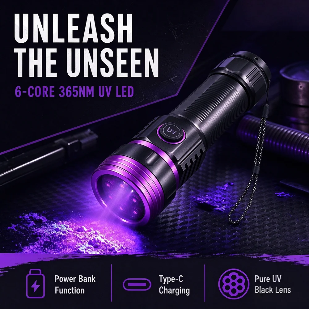 365nm UVFlashlight  Light Torch 120w LED  Rechargeable Lantern Fluorescent Detection IdentificatioHigh Power Black Mirror Purple