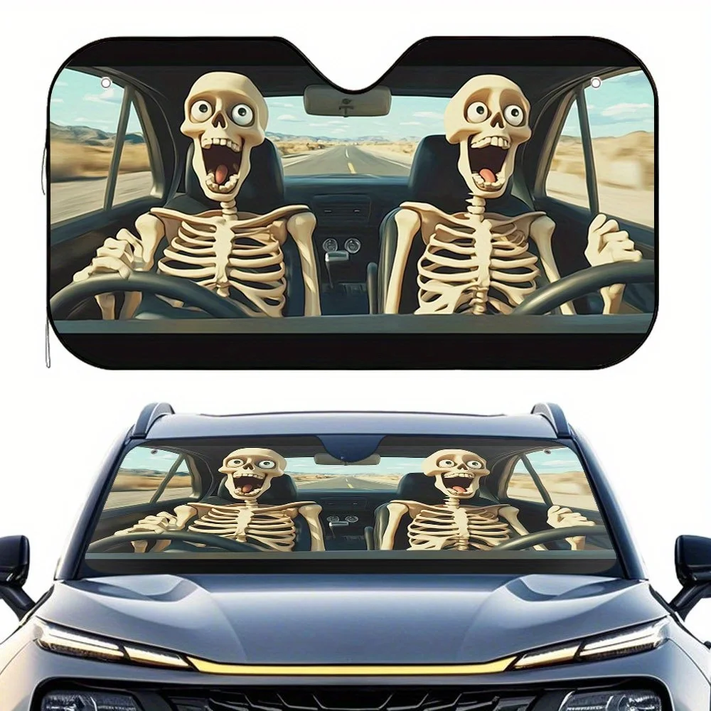 

1pc Halloween Horror Journey Car Sunshade With Skeleton Driver & Passenger Print - Fit For SUVs, Sedans, Vans, Trucks - 4 Suctio