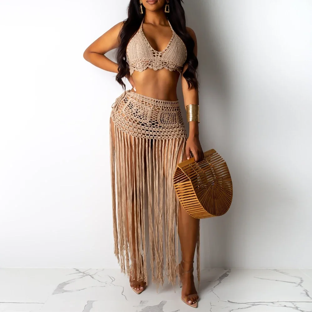 

Women Summer Knitted Cover Up Set Sexy Hollow Out Two Piece Beach Wear Fringe Long Tassel Skirt Crochet Swimwear Mesh Suit SC010