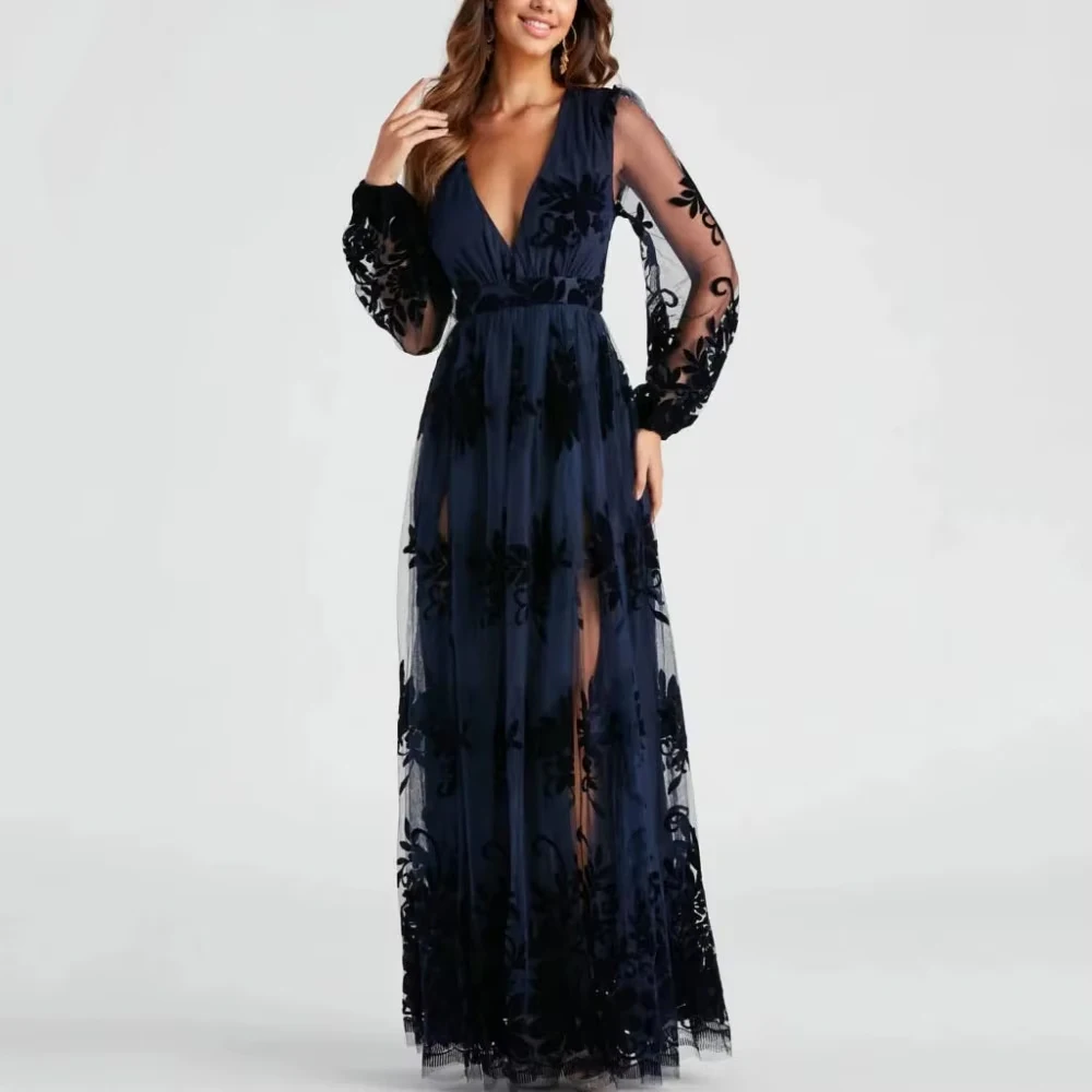 

Customized Lace Appliques V Neck Mother Of The Bride Dresses A Line Ankle Length Long Puffy Sleeves Wedding Party Dresses