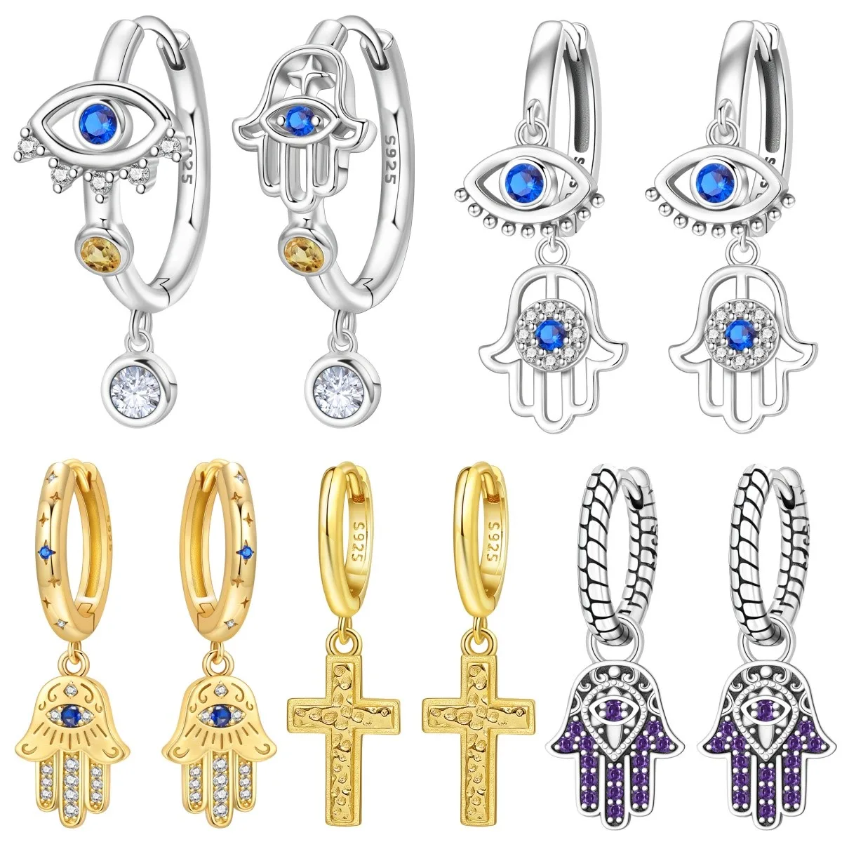 Orstarry S925 Sterling Silber Ohrringe Religiöser Glaube Kreuz Fatimas Hand und Teufelsauge Ohrringe ﻿   Geschenk zum Geburtstag für Frauen