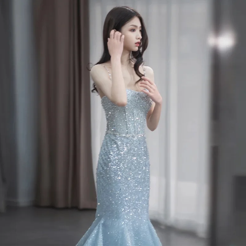 Fishtail Evening Dress High-Grade Model Catwalk Student Art Exam Toast Dress Bride Super Fairy Blue French Strap