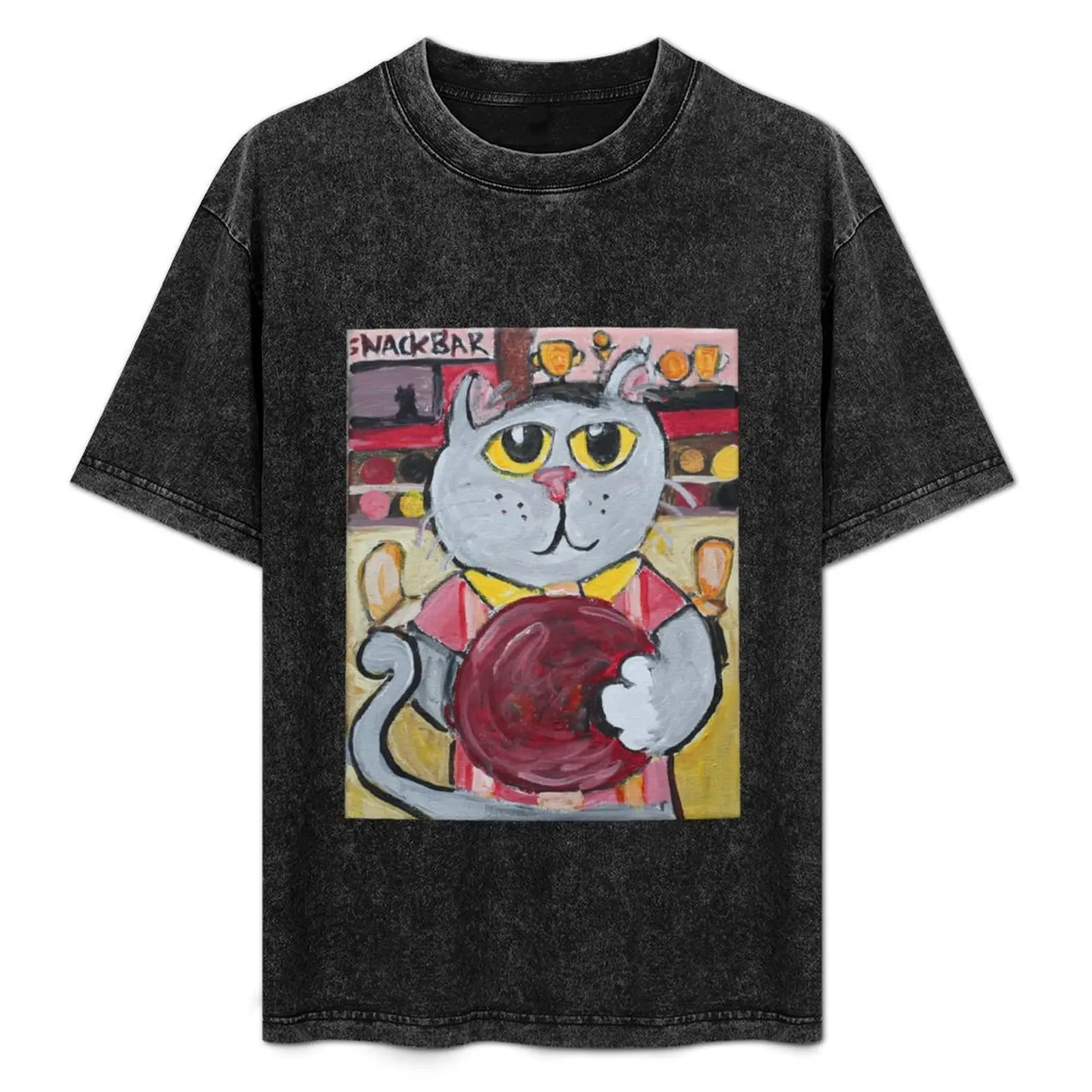 Cute Folk Art Cat Bowler Painting T-Shirt Minimalist Plain Crew Neck T-Shirt