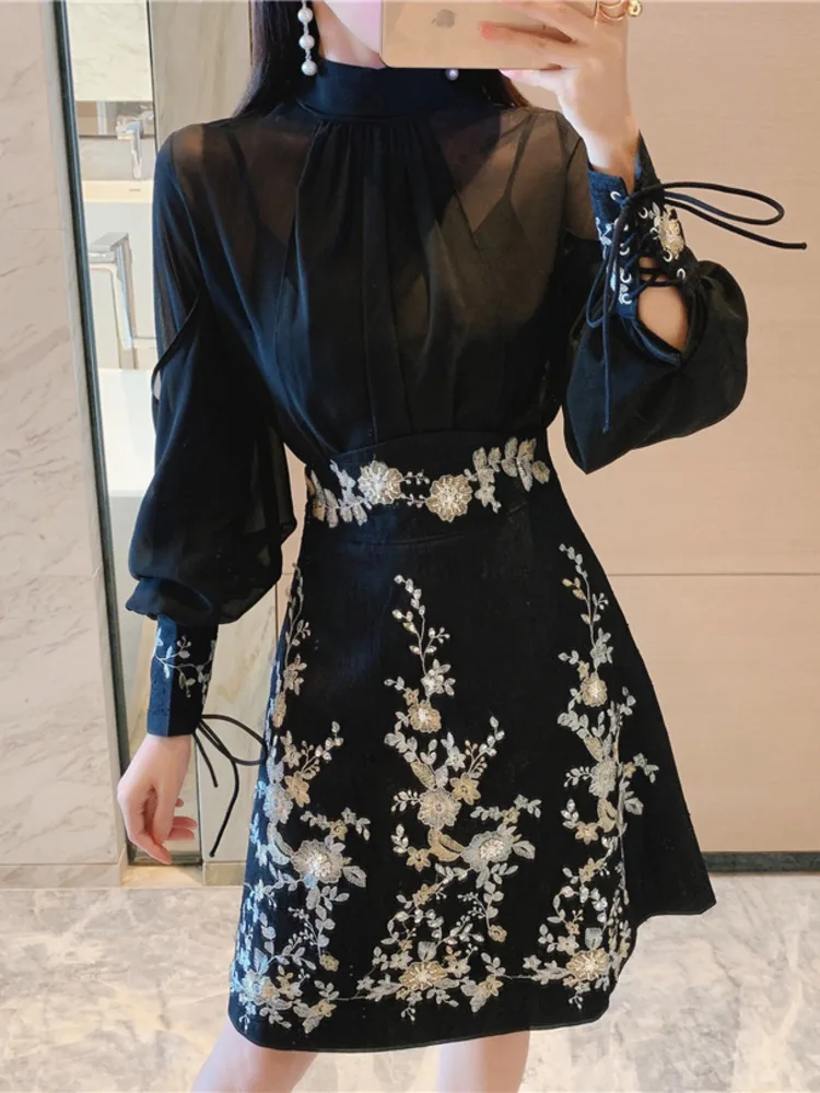 Runway Autumn Skirt Suits Women\'s Sets Fashion Lantern Sleeve Bows Chiffon Blouses Tops + Vintage Beaded Flower Appliques Skirts