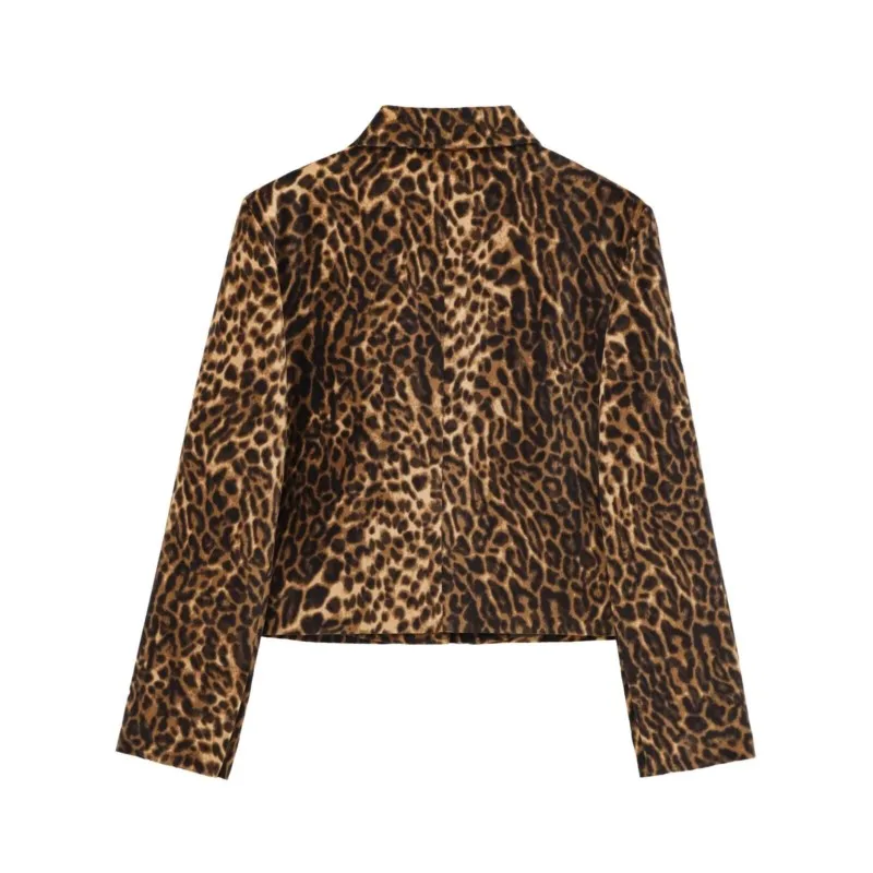 TRAF Women Leopard Short Blazers For Autumn Pocket Decoration Simple Zipper Style Short Long Sleeved Jacket Female Blazers