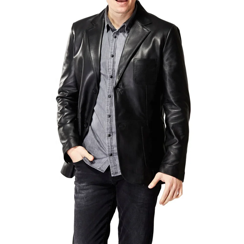 Super Classic Mens Black Leather Coat Style Jackets Fully Customized With 100% Original Sheepskin Front Style Button-up closures