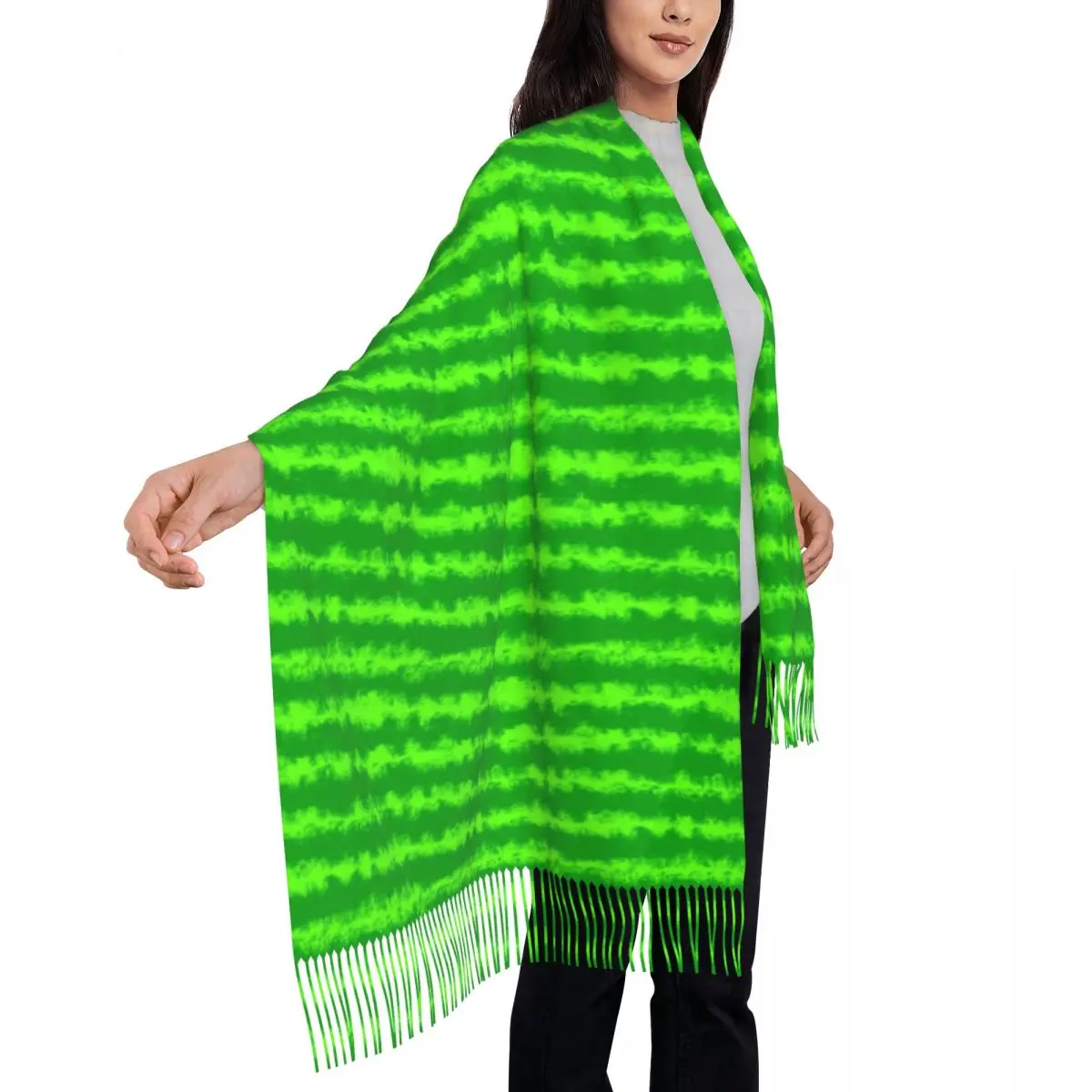 Green Striped Scarf Watermelon Print Keep Warm Shawl Wrap with Tassel Womens Popular Scarves Wraps Winter Custom DIY Bufanda